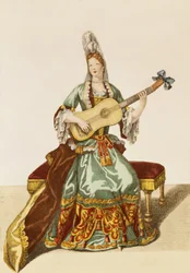 Dame van Kwaliteit die Gitaar Speelt, modeplaat, ca.1695